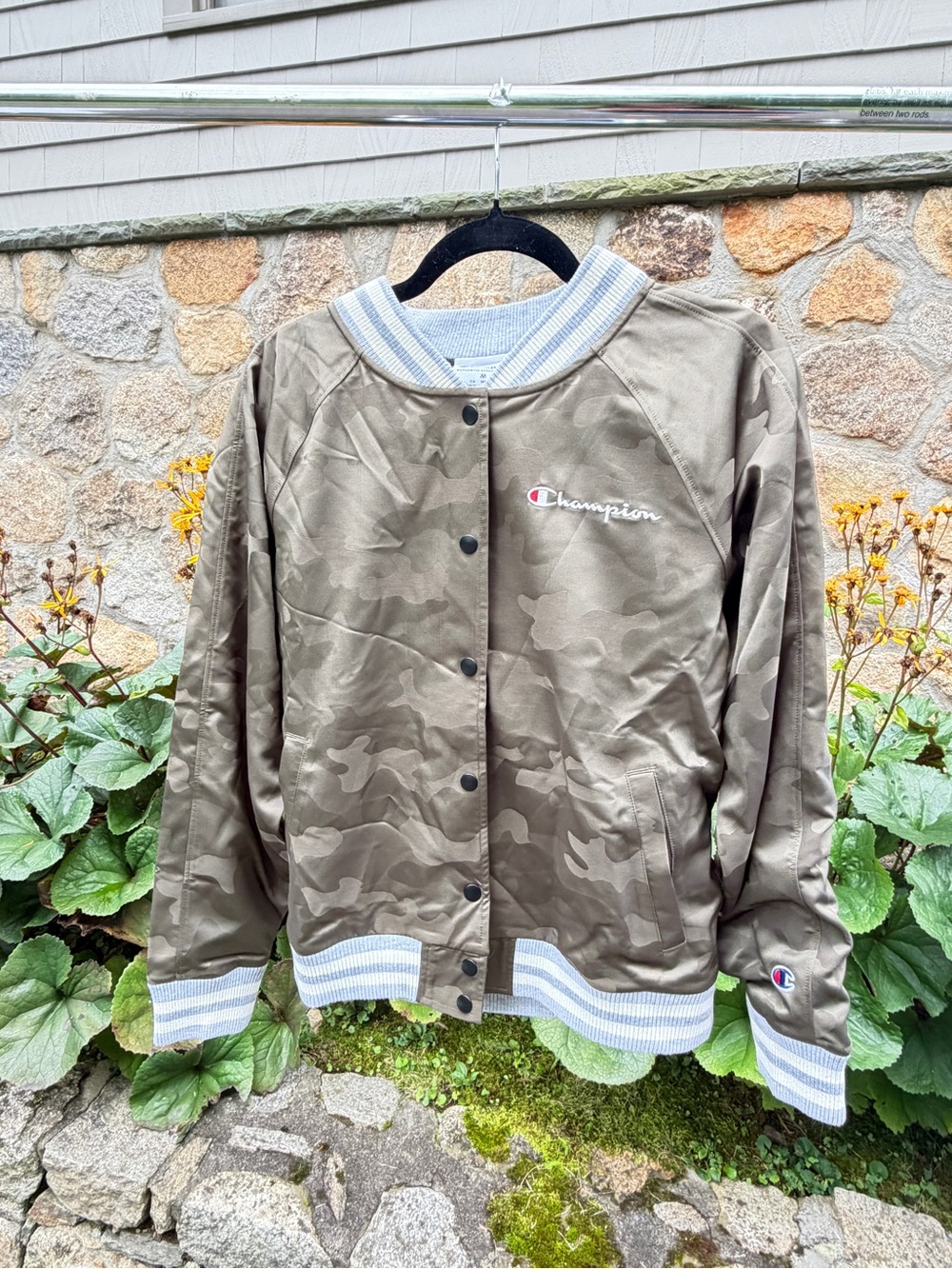 Champion Olive Camo Bomber Jacket with Stripe Trim